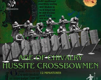 May include: A product image featuring a set of Hussite Crossbowmen miniatures from the Age of Chivalry. The miniatures are gray and include shields and crossbows. The image also displays the text "Hussite Crossbowmen" and "12 Miniatures". The miniatures are approximately 28 mm tall.