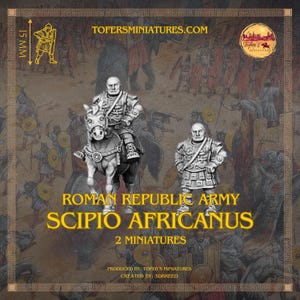 Peut inclure: Deux figurines miniatures de soldats romains. L'un est monté sur un cheval, l'autre est debout. Le texte sur l'image indique "ROMAN REPUBLIC ARMY SCIPIO AFRICANUS 2 MINIATURES". Les figurines mesurent environ 15 mm de haut.
