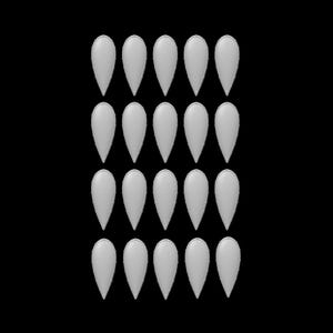 May include: Arrangement of twenty white, teardrop-shaped objects against a black background. The objects are evenly spaced in four rows of five, with a smooth, rounded appearance.
