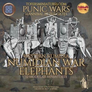 May include: An advertisement for miniature figurines of Numidian War Elephants from the Punic Wars. The image features several elephants with riders and castle-like structures on their backs. Text includes "Western Numidia", "Numidian War Elephants", and "12 Modular Miniatures."