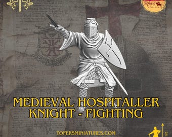 Caballero Hospitalario Medieval - Combate. 28 mm, 32 mm, 40 mm, 54 mm, 75 mm, para Diorama y Wargaming Miniature.