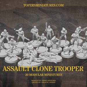 Puede incluir: Un conjunto de 20 miniaturas de Asalto de Soldado Clon, cada una sobre una base circular. Las figuras est&aacute;n en varias poses de acci&oacute;n, sosteniendo armas. El texto "ASSAULT CLONE TROOPER" y "20 MODULAR MINIATURES" son visibles.