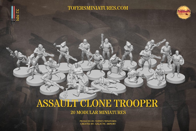 Puede incluir: Un conjunto de 20 miniaturas de Asalto de Soldado Clon, cada una sobre una base circular. Las figuras est&aacute;n en varias poses de acci&oacute;n, sosteniendo armas. El texto "ASSAULT CLONE TROOPER" y "20 MODULAR MINIATURES" son visibles.