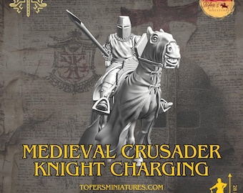 Medieval crusader knight charging. 28mm, 32mm, 40mm, 54mm, 75mm, for Diorama and Wargaming Miniature
