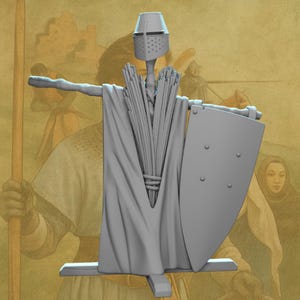 May include: A gray medieval-style figurine featuring a helmet, shield, and bundled arrows. The figure has a draped cloth and a cross-shaped base. The shield has three rivets. The background is a sepia-toned illustration of medieval figures.