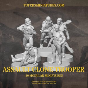 Puede incluir: Miniaturas de soldados de asalto clon, de 32 mm, en varias poses y con armas. El texto "ASSAULT CLONE TROOPER" y "20 MODULAR MINIATURES" se muestra en la imagen. Las figuras est&aacute;n sobre bases circulares.