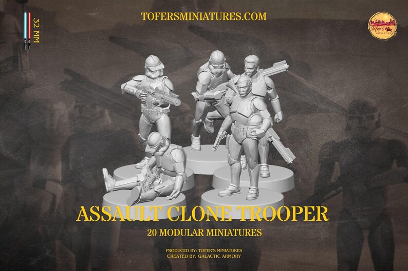 Puede incluir: Miniaturas de soldados de asalto clon, de 32 mm, en varias poses y con armas. El texto "ASSAULT CLONE TROOPER" y "20 MODULAR MINIATURES" se muestra en la imagen. Las figuras est&aacute;n sobre bases circulares.