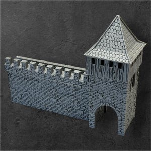 May include: A gray stone castle wall with a gate and a tower. The tower has a pointed roof and small windows. The wall is made of rough-hewn stones and has a crenellated top.