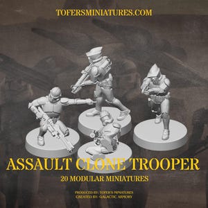 Puede incluir: Un conjunto de miniaturas blancas de Asalto Clone Trooper, cada una sobre una base circular. La imagen incluye el texto "ASSAULT CLONE TROOPER" y "20 MODULAR MINIATURES". Las miniaturas miden aproximadamente 3,2 cm de altura.