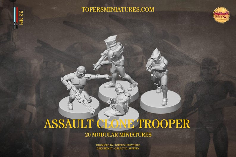 Puede incluir: Un conjunto de miniaturas blancas de Asalto Clone Trooper, cada una sobre una base circular. La imagen incluye el texto "ASSAULT CLONE TROOPER" y "20 MODULAR MINIATURES". Las miniaturas miden aproximadamente 3,2 cm de altura.