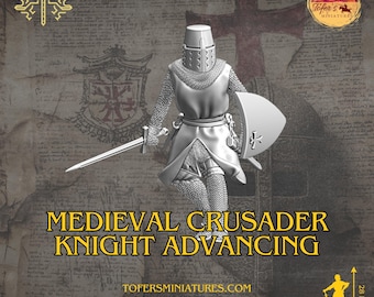 Caballero cruzado medieval avanzando. 28 mm, 32 mm, 40 mm, 54 mm, 75 mm, para dioramas y miniaturas de Wargaming.