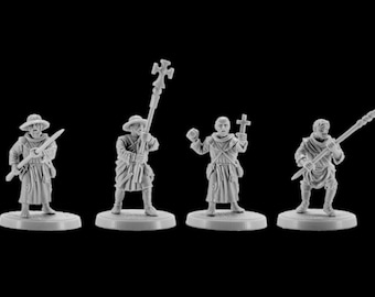 May include: Five unpainted plastic miniature figures of medieval monks, each holding a different weapon or religious symbol. The figures are standing on round bases.