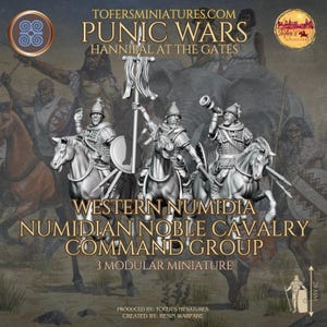 May include: A promotional image for a miniature figurine set. The text reads "Punic Wars" and "Western Numidia Numidian Noble Cavalry Command Group." The set includes three detailed miniature figures on horseback, with helmets, shields, and weapons. The figures are approximately 28 mm tall.