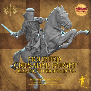 May include: A gray miniature of a mounted Crusader Knight in a dynamic charging pose. The knight is clad in chainmail and helmet, holding a sword. The horse is rearing up. Text on the image reads "Mounted Crusader Knight Dynamic Charging Pose".