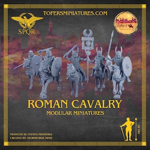 May include: A set of six gray plastic Roman cavalry miniatures, mounted on horses, with swords and shields. The miniatures are 28 mm tall and are part of a modular set. The image includes the text "Roman Cavalry" and "Modular Miniatures".