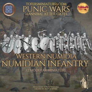 May include: Miniature figures of Western Numidian Infantry from the Punic Wars, with shields and swords. The image includes the text "PUNIC WARS" and "NUMIDIAN INFANTRY". Each figure is approximately 28 mm tall.