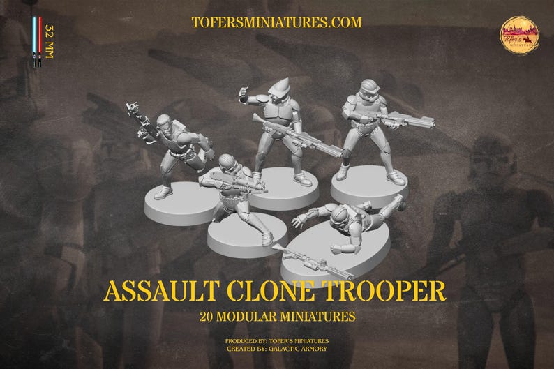 Puede incluir: Un conjunto de miniaturas de Asalto Clone Trooper, cada una sobre una base circular. Las figuras est&aacute;n en varias poses de acci&oacute;n, sosteniendo blasters. El texto "ASSAULT CLONE TROOPER" y "20 MODULAR MINIATURES" est&aacute;n presentes. Las miniaturas miden 32 mm.