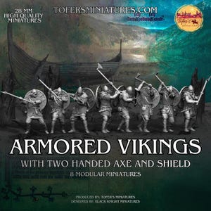 Viking Warband. Set of 8 Armored Vikings with a two-handed axe and shield. 28 mm, 32 mm, 40 mm, 54 mm, 75 mm Modular Miniatures.
