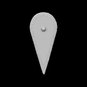 May include: A light gray, teardrop-shaped shield with a rounded top and a pointed bottom. The shield has a central, raised circular boss and is edged with rivets. The overall design suggests a medieval or fantasy theme.