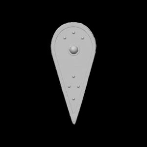 May include: A light gray, teardrop-shaped shield with a rounded top and pointed bottom. The shield features a central, raised sphere and several smaller, circular indentations. The edges have a textured, decorative border. The background is black.