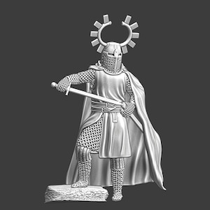 Peut inclure: Figurine 3D détaillée d'un chevalier médiéval en armure complète, tenant une épée. Le chevalier porte un casque avec une couronne en forme de halo et une cape flottante. La figurine repose sur une base en pierre, avec des détails de cotte de mailles et d'armure.