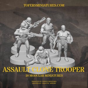 Puede incluir: Un grupo de miniaturas de Asalto de Soldado Clon, cada una de aproximadamente 3,2 cm de altura, se muestra sobre bases circulares. Las figuras est&aacute;n en varias poses de acci&oacute;n, sosteniendo armas. El texto "ASSAULT CLONE TROOPER" y "20 MODULAR MINIATURES" son visibles.