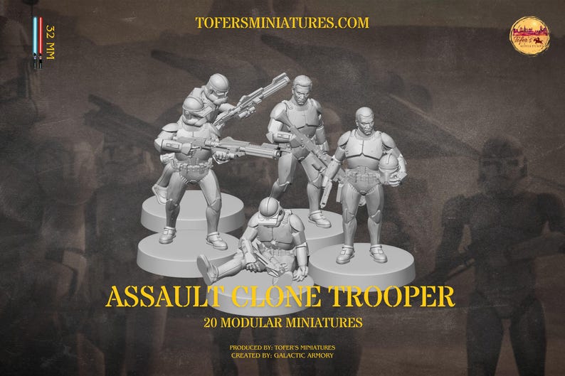 Puede incluir: Un grupo de miniaturas de Asalto de Soldado Clon, cada una de aproximadamente 3,2 cm de altura, se muestra sobre bases circulares. Las figuras est&aacute;n en varias poses de acci&oacute;n, sosteniendo armas. El texto "ASSAULT CLONE TROOPER" y "20 MODULAR MINIATURES" son visibles.