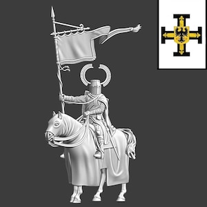 May include: A detailed 3D model of a knight on horseback, holding a banner and spear. The knight is clad in armor, with a helmet and cape. The horse is draped in a cloth. A flag with a cross and eagle emblem is in the background.