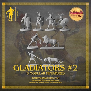 May include: Eight unpainted plastic miniatures of gladiators and a lion, all standing on round bases. The miniatures are part of a set called "Gladiators #2" and are 28 mm tall. The set is distributed by Tofer's Miniatures and designed and produced by V&V Miniatures.
