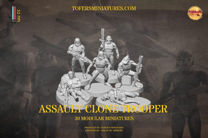 Puede incluir: Miniaturas de soldados clon de asalto de 32 mm en diversas poses. La imagen incluye el texto "ASSAULT CLONE TROOPER" y "20 MODULAR MINIATURES". Se muestra la direcci&oacute;n del sitio web TOFERSMINIATURES.COM.