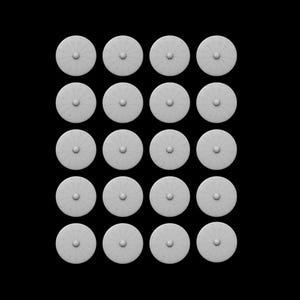 May include: Twenty-four white, circular objects with a central raised dot and radial lines, arranged in a grid against a black background. The objects appear to be small, possibly decorative or functional items.