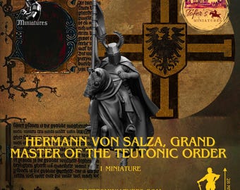 May include: A gray painted miniature of a knight on horseback, holding a spear and a banner. The knight is wearing armor and a cloak. The background is a brown and gold parchment with a black and gold eagle crest. The text reads "Hermann von Salza, Grand Master of the Teutonic Order, 1 Miniature".