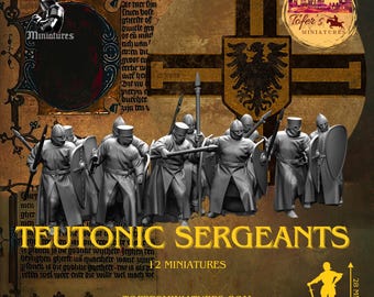 May include: A set of 12 unpainted gray plastic miniature figures of Teutonic Knights, each holding a sword and shield. The figures are standing on a brown background with a yellow banner that reads "Teutonic Sergeants 12 Miniatures".