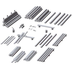 May include: A collection of grey wooden logs, planks, and tools, including an axe, saw, and benches. The arrangement suggests a construction or woodworking theme. Various stacks and arrangements of the wooden elements are visible, with different sizes and shapes.