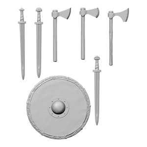 May include: A collection of Viking-themed weaponry, including swords, axes, and a round shield. The swords have detailed hilts and long blades. The axes feature a classic design. The shield has a central boss and a decorative border.