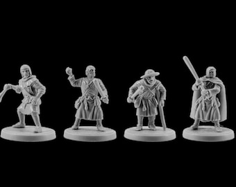 May include: Four miniature figures of medieval people, each wearing different clothing and holding various objects. The figures are painted in shades of gray and are standing on circular bases.