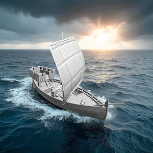 May include: A wooden sailboat with a white sail is navigating choppy blue waters under a cloudy sky with a bright sun. The boat has a small cabin and appears to be carrying cargo. The scene evokes a sense of adventure and maritime travel.