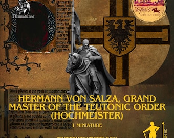 May include: A miniature of Hermann von Salza, Grand Master of the Teutonic Order, on horseback. The figure is gray, with a black cross and eagle emblem in the background. The text reads "Tofer's Miniatures" and "Northern Black Knight Miniatures". The figure is 28 mm tall.