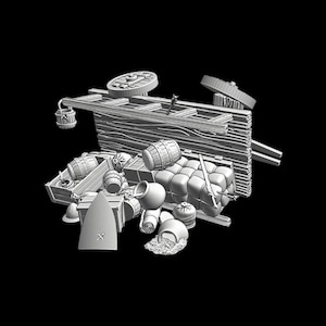 May include: A grayscale illustration of a collection of medieval-themed objects. The image includes barrels, a wooden cart, a sword, a lantern, and various other items. The objects are arranged in a pile, suggesting a scene of a medieval market or storage area.