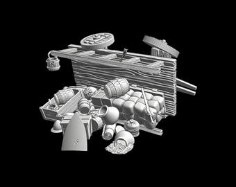 Carro de suministros medieval destruido. Miniaturas de 28 mm, 32 mm, 40 mm y 54 mm. Wargaming histórico/Diorama.