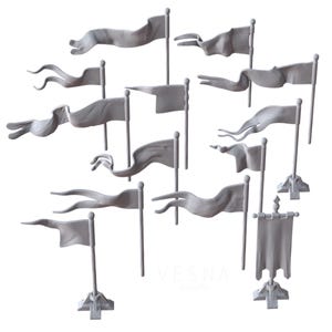 Peut inclure: Une collection de drapeaux gris stylisés sur des mâts, chacun avec une forme et un design uniques. Certains drapeaux sont rectangulaires, tandis que d'autres ont des formes fluides, en forme de bannière. Les drapeaux sont montés sur des socles.