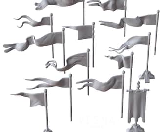 May include: A collection of gray, stylized flags on poles, each with a unique shape and design. Some flags are rectangular, while others have flowing, banner-like forms. The flags are mounted on stands, suggesting a decorative or historical theme.