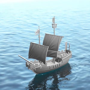 May include: A grey toy sailing boat with black sails on blue water. The miniature ship features a detailed design, including a mast, rigging, and a small flag. The boat is a model of a classic sailing vessel.