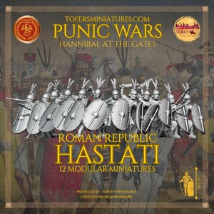 Hastati. Republic of Rome. 28 mm Miniatures Set of 12 Miniatures.Punic Wars: Hannibal at the Gates. Produced by Tofer’s Miniatures.