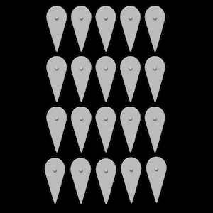 May include: A collection of twenty-one light gray, teardrop-shaped pendants arranged in a grid pattern against a black background. Each pendant has a small, circular indentation near the top and a small hole at the top.