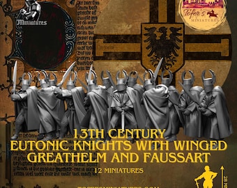 Könnte beinhalten: Ein Set mit 12 Miniaturen von Eutonischen Rittern aus dem 13. Jahrhundert mit geflügeltem Großhelm und Faussart. Die Miniaturen sind aus Metall und in Grau bemalt. Die Miniaturen stehen in einer Reihe und halten Schwerter. Die Miniaturen sind 28 mm hoch. Die Miniaturen werden von Tofer's Miniatures und Northern Black Knight Miniatures hergestellt.