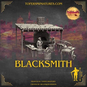 May include: A 28 mm scale miniature blacksmith's shop with a forge, anvil, and two figures. The shop is made of grey plastic and has a wooden roof.