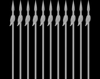 May include: A collection of eleven gray spears with pointed tips and decorative feather-like accents. The spears are arranged vertically against a black background, creating a symmetrical pattern. The spears appear to be made of metal.