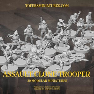 Puede incluir: Un conjunto de 20 miniaturas de Asalto Clone Trooper grises, cada una sobre una base circular. Las figuras son detalladas, con armas y armaduras. El texto "ASSAULT CLONE TROOPER" y "20 MODULAR MINIATURES" es visible.