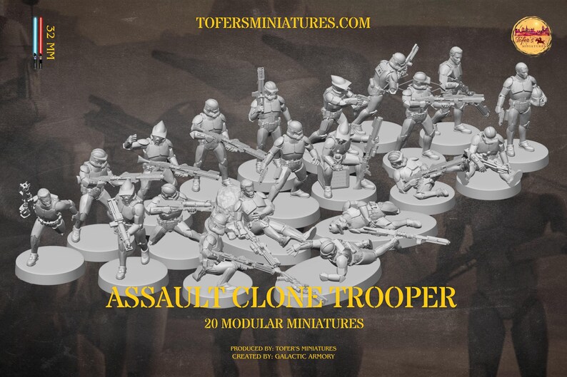 Puede incluir: Un conjunto de 20 miniaturas de Asalto Clone Trooper grises, cada una sobre una base circular. Las figuras son detalladas, con armas y armaduras. El texto "ASSAULT CLONE TROOPER" y "20 MODULAR MINIATURES" es visible.